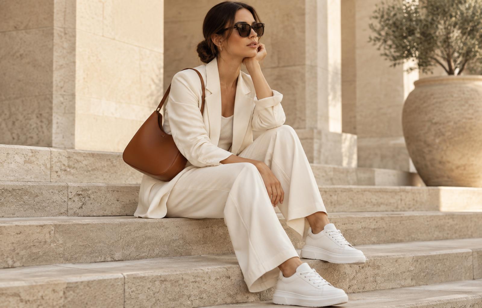 Vrouw met cognackleurige schoudertas en witte sneakers