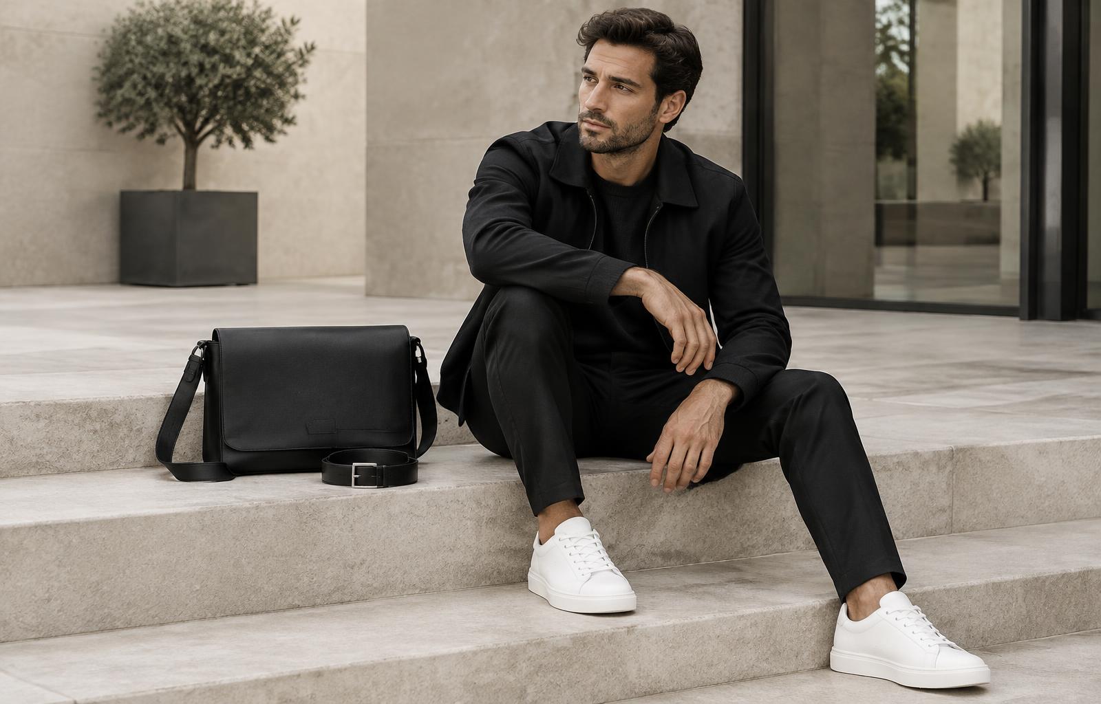 Man met witte sneakers, zwarte leren tas en riem